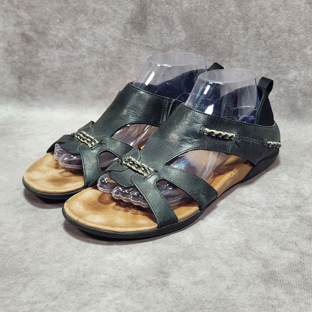 Merrell Flaxen Black Leather Strappy Sandals Womens 9 J89348 Flat Comfort Shoes